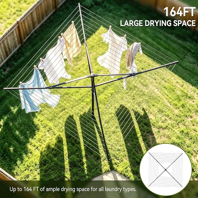 Enayplon 4-Arm Umbrella Clothes Drying Rack, 164 FT Rotary Outdoor Clothesline, Height Adjustable Foldable Laundry Dryer with Ground Spike & Waterproof Protective Cover for Backyard Patio Garden