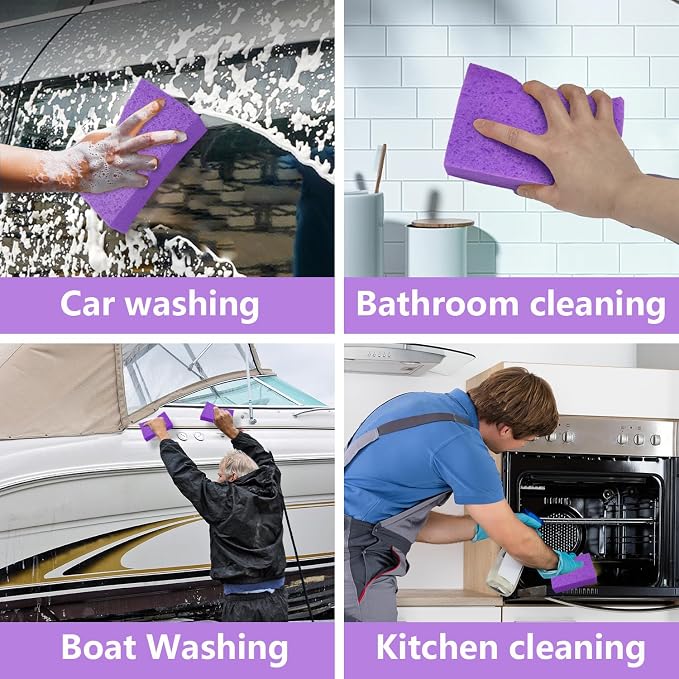 Cleaning and Washing Sponge, 3 Pack Large Extra Thick Heavy Duty Sponge Multi-Purpose for Kitchen Bathroom Bike Boat Car, Natural Cellulose Sponges 4" X 6" X 2" (Purple)