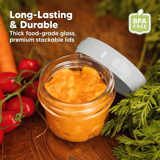 KeaBabies 6pk 4oz Glass Baby Food Containers with Lids, Leak-Proof (Slate) | Microwavable Small Glass Jars, Baby Purees, Toddler Snack Storage Containers, BPA-Free, Dishwasher-safe, Freezer Safe