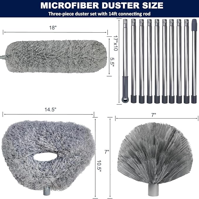 20+ Ft High Reach Ceiling Fan Duster & Cobweb & Corner Brush Duster with 3-14 ft Spliceable Pole Microfiber Feather Duster for Spider Web, High Ceiling, Blinds, Furniture Cleaning Tool Kit