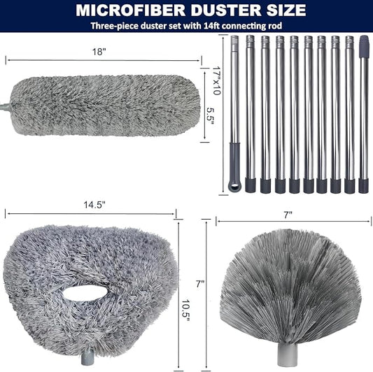 20+ Ft High Reach Ceiling Fan Duster & Cobweb & Corner Brush Duster with 3-14 ft Spliceable Pole Microfiber Feather Duster for Spider Web, High Ceiling, Blinds, Furniture Cleaning Tool Kit