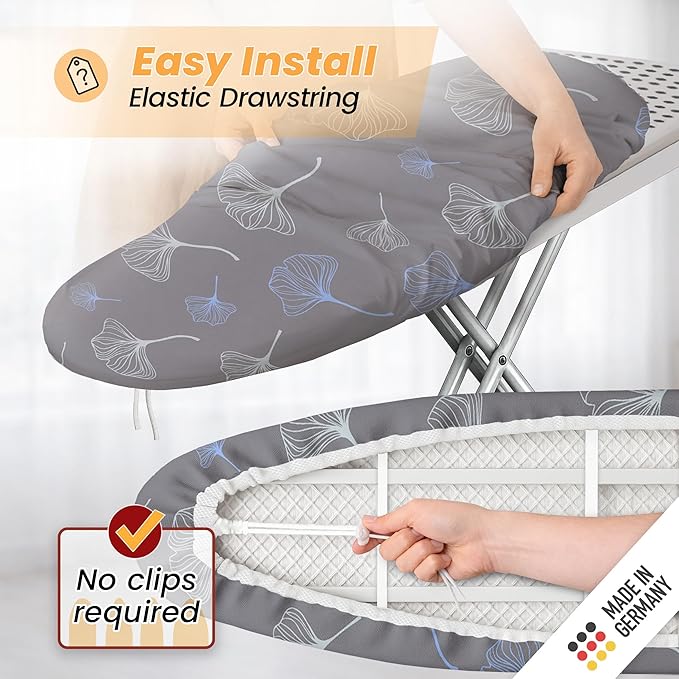 Ironing Board Cover and Pad 15x54 - Made in Germany Iron Board Cover with Heat Reflective Aluminum Coating and Padding- Heavy Duty Iron Board Cotton Cover with Elastic Drawstring Stretch Fit (Ginkgo)