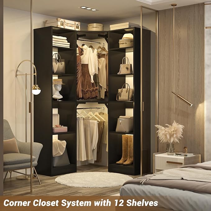 Besiost Corner Closet System with 12 Shelves, 39.2" Corner Closet Organizer System with 2 Hanging Rods, Versatile 6-Tier Walk-in Closets for Corner Space, Black (39.2" L x 39.2" W x 80" H)