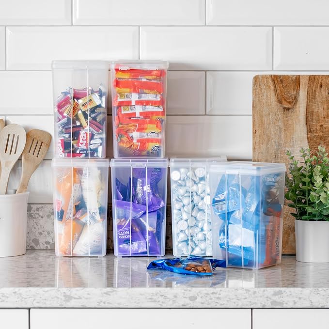 IRIS USA Vertical Storage Bins with Lids |Made in USA| Flip Top Containers for Organizing Pantry, Office, Craft, and Study Supplies - Medium (6-Pack)