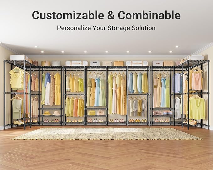 VIPEK V40 Plus Large Clothes Rack, 1300lbs Capacity Sturdy Metal Garment Rack, Clothing Rack with 6 Shelves & 4 Hang Rods, Adjustable Open Wardrobe Closet Organizer for Bedroom/Apartment/Retail, Black
