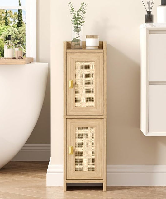 Akxomel Rattan Small Bathroom Cabinet Narrow Toilet Paper Organizer Oak | 7.9''D x 7.9''W Bathroom Organizer and Storage Cabinet for Small Space, Slim Corner Unit with Adjustable Shelf