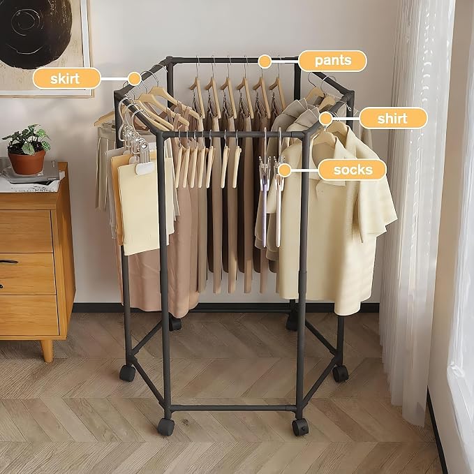 360° Rotating Multi-Tier Clothes Drying Rack with Wheels | Heavy-Duty Metal Garment Organizer for Bedroom, Closet, Balcony & Laundry Room | Space-Saving Corner Clothing Hanger Stand