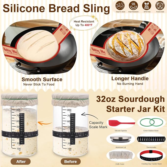 Sourdough Starter Kit, Bread Baking Supplies with Round & Oval Banneton Proofing Basket, Bread Sling, Starter Jar, Dough Whisk, Scrapers, Stencils & Storage Bag, Bread Making Tools Gift for Bakers