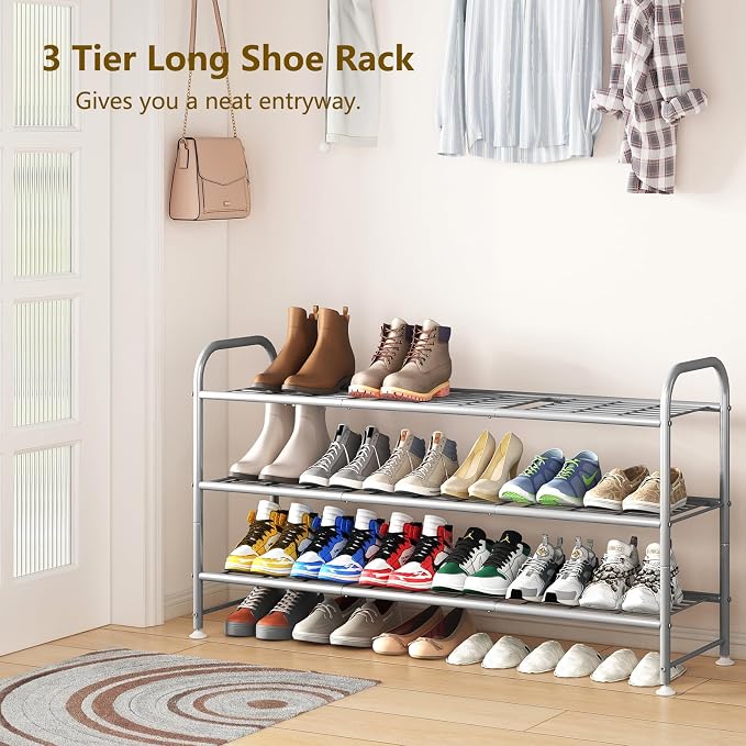 LINZINAR 3 Tier Long Shoe Rack for Closet Metal Shoe Organizer for Entryway | Spacious design stores 20+ pairs of shoes,durable metal frame,space-saving organizer for closet, hallway, and Entryway Grey