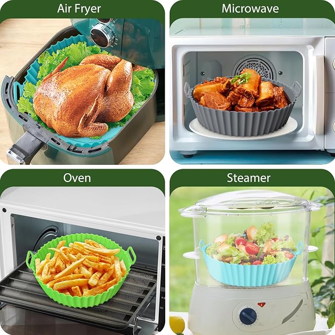 Komzon 3 Pack Air Fryer Silicone Liners, 8Inch Airfryer Liners, AirFryer Basket Liner, Reusable Food Grade Air Fryers Basket Pots Oven Liner Baking Tray, Air Fryer Silicone Mat Accessories Kitchen