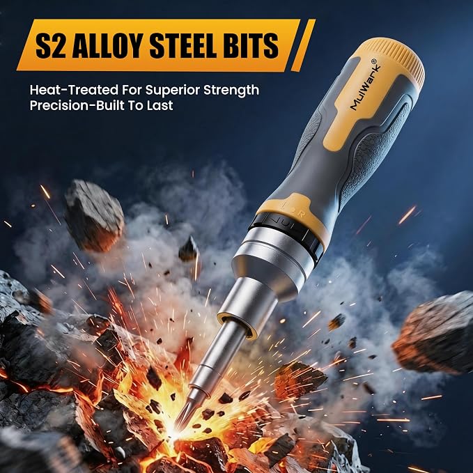 Mulwark 16-in-1 Ratcheting Multi-Bit Screwdriver Set, S2 Steel Screwdriver with 1/4" & 5/16" Nut Drivers, Nickel Coated Anti-Rust screw driver, Max Torque Soft Handle for Home Repair & DIY