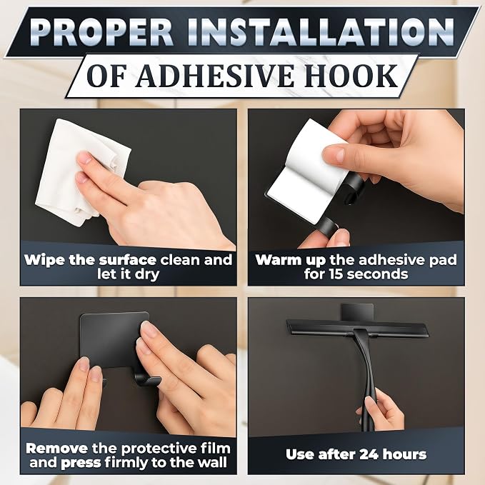 Shower Door Squeegee with Hook - 10" Silicone Blade, Stainless Steel Black Squeegee for Shower Glass with Adhesive Mount - All-Purpose Bathroom Tile, Mirror, & Window Wiper for Streak-Free Cleaning