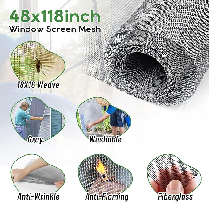 King&Charles Window Screen Door Mesh,48”x118” Gray for Window&Door Replace | Screen Repair Kit,Fiberglass-Durable & Visibility & Cuttable & Washble, Easy to Install/DIY for Patio & RV