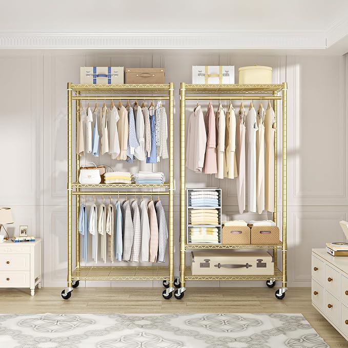 FUTASSI P1 Medium Heavy-Duty Portable Closet, 30" W x 14" D x 76" H, Gold | Metal Rolling Clothing Rack, Closet System with Wheels and Shelves for Hanging Clothes, Portable Wardrobe Organizer Storage