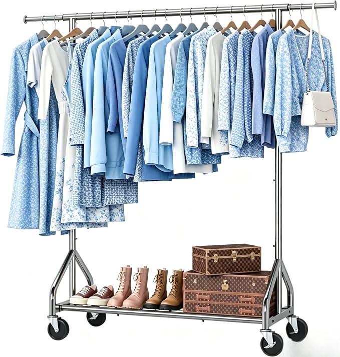 Simple Trending Heavy Duty Clothes Rack Load 450 LBS, Clothing Rack for Hanging Clothes, Garment Rack with Wheels & Shelves, for the Bedroom, Laundry Room