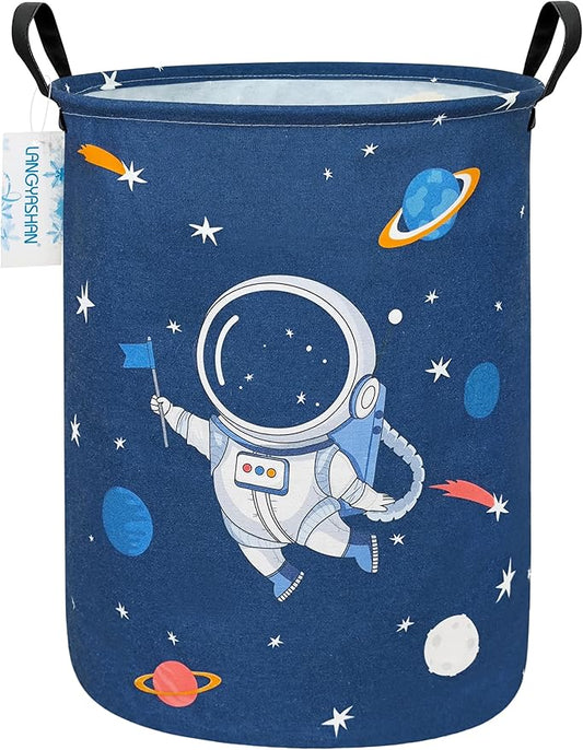 Round Laundry Basket Collapsible Storage Hamper Organizer Space Astronaut | Waterproof Canvas Foldable Baskets with sturdy Handles Multi-scene Organizer for Home Play Bedroom Gift Bin