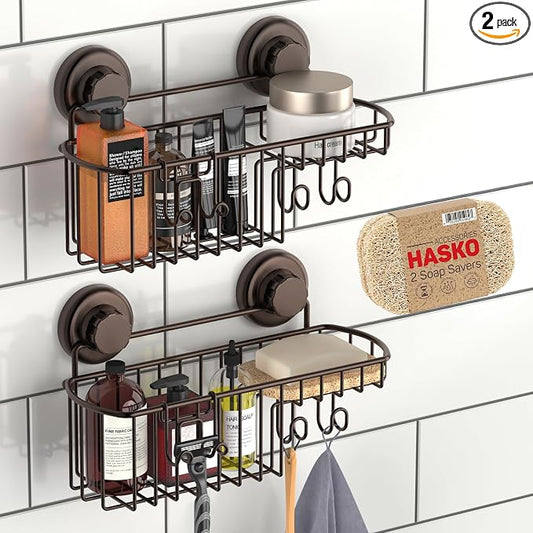 HASKO 2 Pack Shower Caddy Suction Cup with Hooks & Soap holder, Includes 2 Soap Savers, Shower Shelf, Bathroom Storage Organizer, Rustproof Shampoo Holder, Bronze