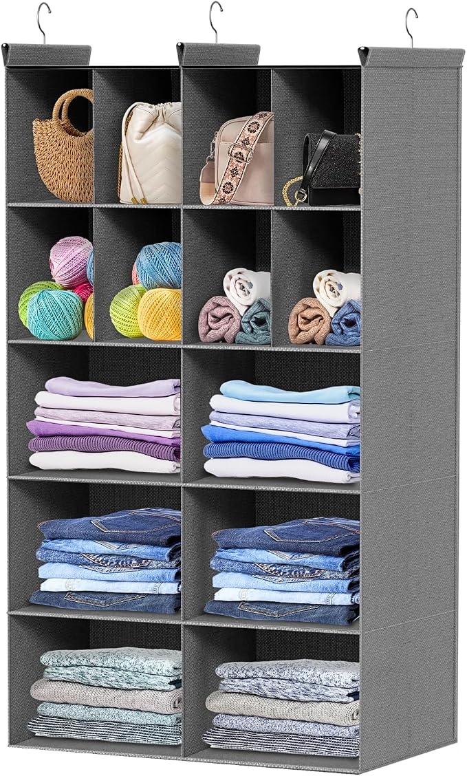 Ofiray-home 5 Tier Hanging Closet Organizer, 14 Compartments Sweater Organizer for Closet with 3 Sturdy Hooks, Closet Organizers and Storage, Wardrobe, Rv, Garment Rack, Grey