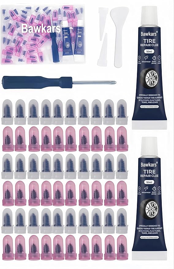 63 PCS Tire Repair Rubber Nails Kit with 2 Tubes of Black Tire Sealant Glue, Screw in Tire Plugs Set for Cars Motorcycles Trucks