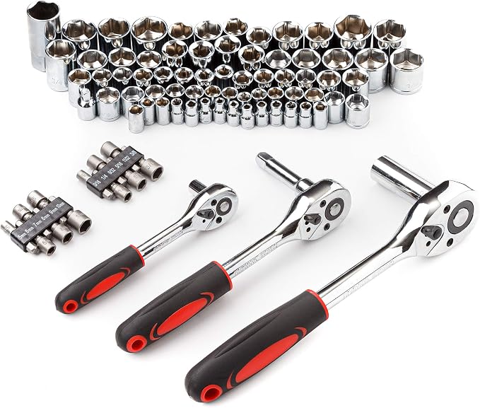 CARTMAN 205-Piece Ratchet Wrench Tool Set, SAE/Metric Socket Kit Carry Case | Professional ratchet wrench and socket assortment for car jobs, mechanics, DIY projects, home fixes, and general maintenance.