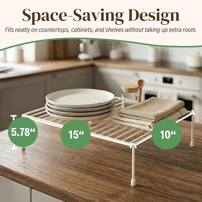 Evelots Wire Shelf Organizer Set, Large Metal Cabinet Risers, 4-Pack, White | Four large rustproof metal shelf organizers create extra storage space in kitchen cabinets, pantries, freezers and bathrooms.