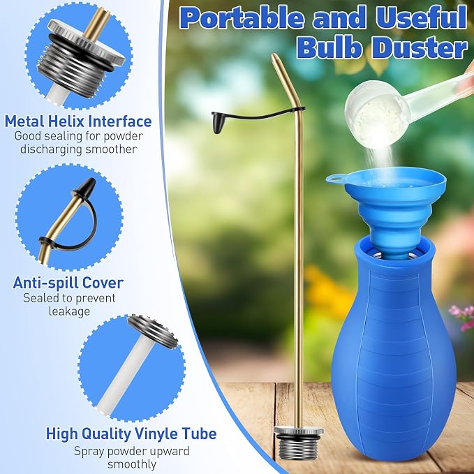 2 Pack Diatomaceous Earth Powder Duster, 8OZ Garden Powder Applicator Dispenser with Long Metal Tube, Bulb Duster Sprayer for Home Organic Gardening Agricultural Supply(Blue) | 8OZ bulb duster. Rust-resistant brass/aluminum tube. Smooth upward discharg...