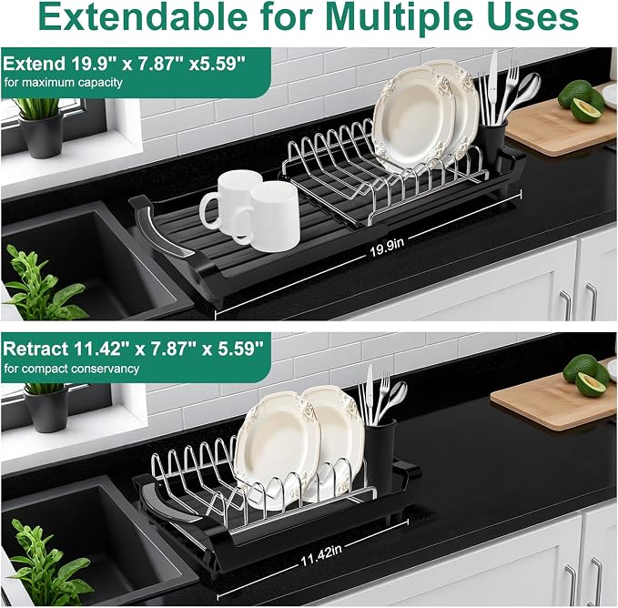 Dish Drying Rack - A Compact, Space-Saving Stainless Steel Rust-Resistant Dish Drainer Specifically Designed for Kitchen and Apartment Countertops/Sink Cabinets,11.42 to 19.9 Inches (Black)