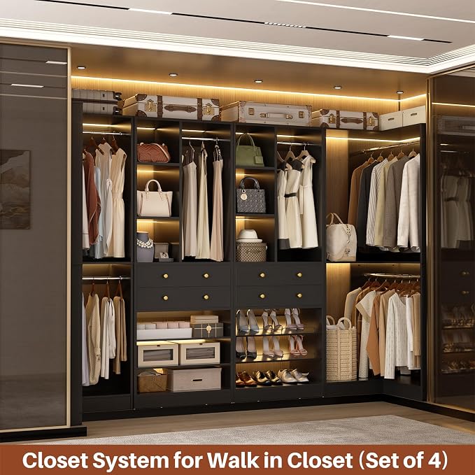 Besiost Closet System with 4 Drawers & Corner Tower, Closet Organizer System with 4 Hanging Robs, Reversible U Shaped Walk-in Closet System, Load 2600+LBS Capacity, Set of 4, Black