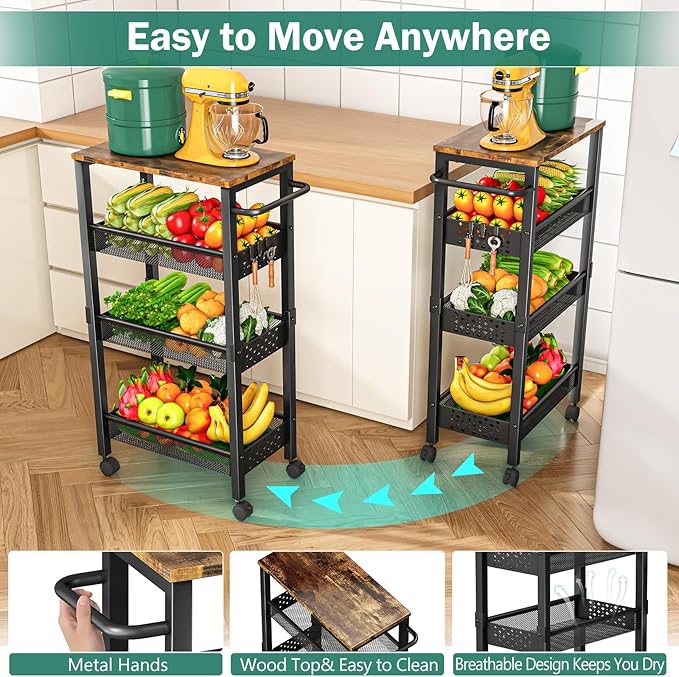 Vivihomety 4-Tier Laundry Utility Rolling Cart with Wheels, Kitchen & Bath | Narrow 8.1" wide, lockable wheels, wood top panel, metal frame, for laundry room, small spaces, pantry, tight gaps, Black