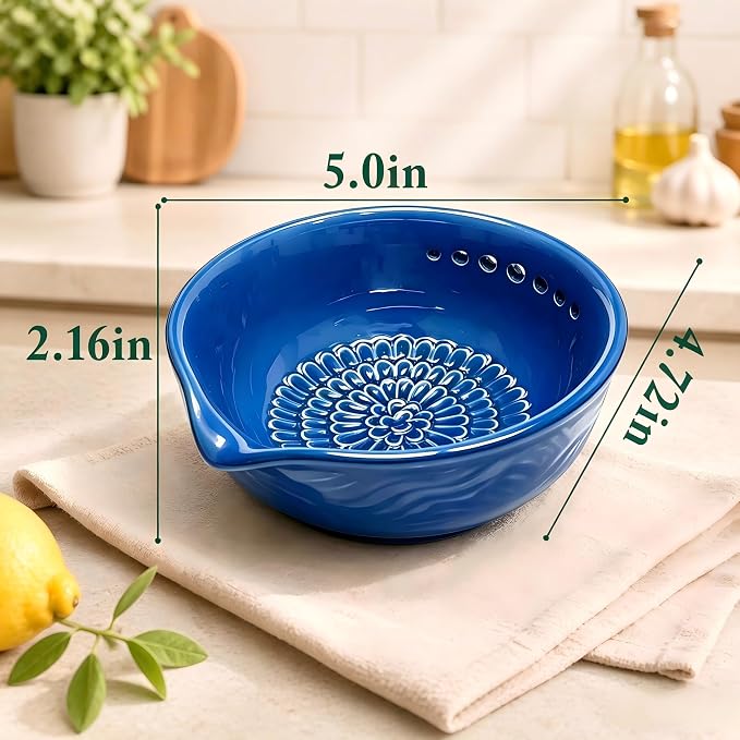 Ceramic Grater Bowl with Herb Stripper, Garlic Ginger Grinder | 3-in-1 Kitchen Tool | Upgraded Grinding Texture | 7 Herb Stripping Holes | Easy Clean | Dishwasher Safe | Blue