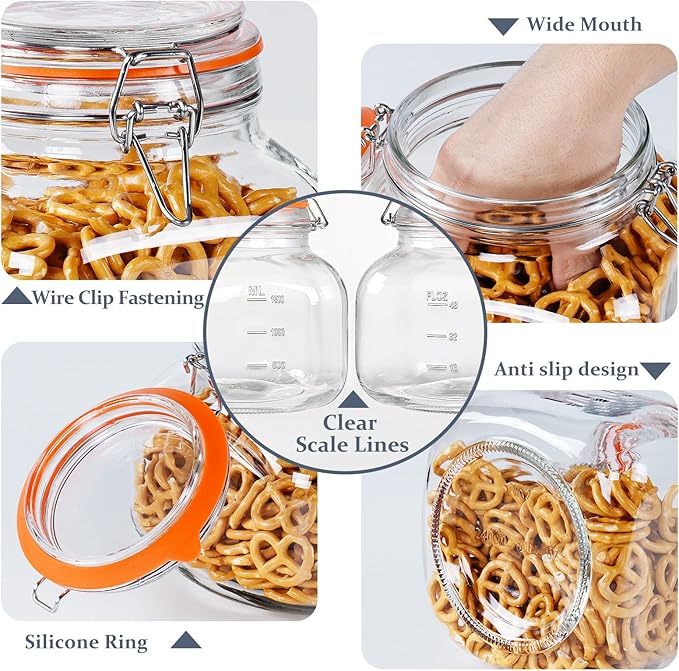 Large Glass Jars with Airtight Lid, 2 Pack Glass Food Storage Jars with 2 Scale Marks, Square Glass Canisters for Flour, Cereal, Coffee, Pasta, Cookies, Pickle, 0.6 Gallon Wide Mouth Mason Jars