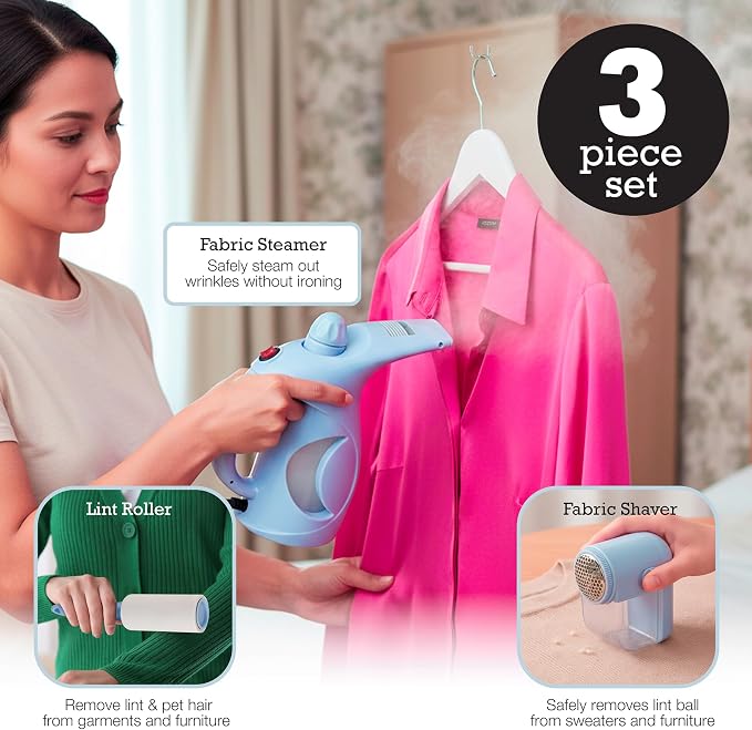 Inspired Living Fabric Care Kit – 3-Piece Clothes Care Set with Handheld Steamer, Lint Roller & Fabric Shaver/Defuzzer – Travel Steamer & Wrinkle Remover Kit – Blue Egg