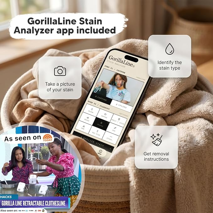 GorillaLine Max - Retractable Clothesline Indoor Outdoor Clothes Line - Heavy Duty Clothes Drying Laundry Line - Wall Mounted Drying Rack - Air Dry Clothing - Max Tighten with GorillaGrip