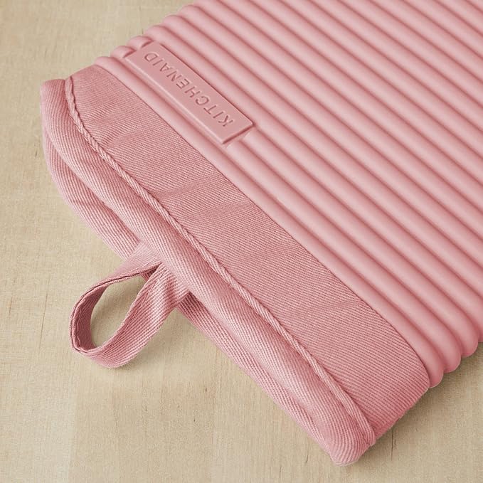 KITCHENAID Ribbed Soft Silicone Oven Mitt 2-Pack Set, 7.5"x13", Dried Rose