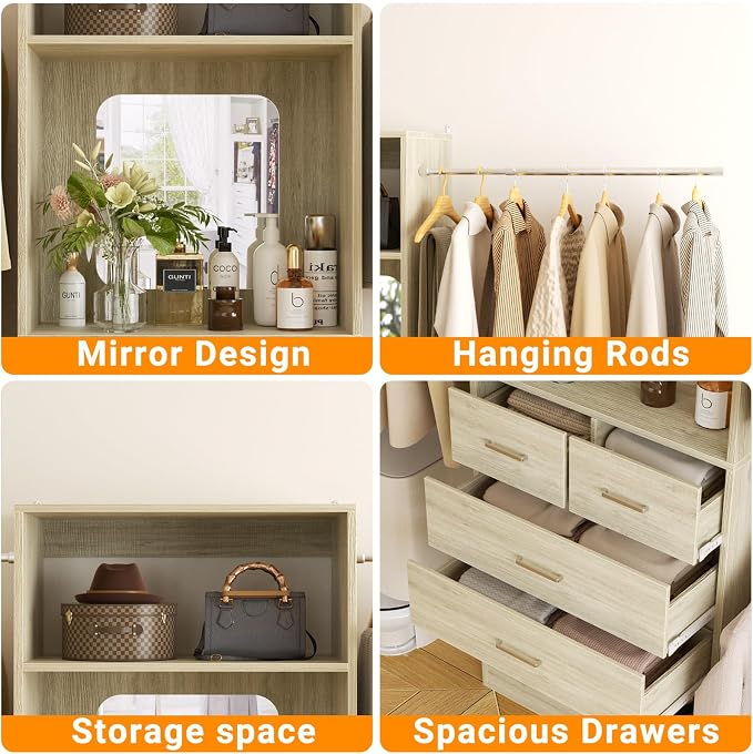 Unikito Closet System, 6-14FT Walk in Closet Organizer with 8 Drawers and Mirror, 168" Wood Closets Insert with Tower, Sturdy Wardrobe Closets Garment Rack with Extendable Hanging Rods, White Oak