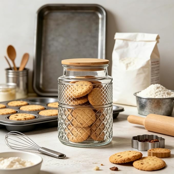 Large Glass Storage Jar, 60 FL OZ Glass Food Storage Containers with Bamboo Lid, Kitchen Laundry Room Organization Jar for Cookies Coffee Flour Sugar Laundry Pods Detergent Airtight Glass Jars