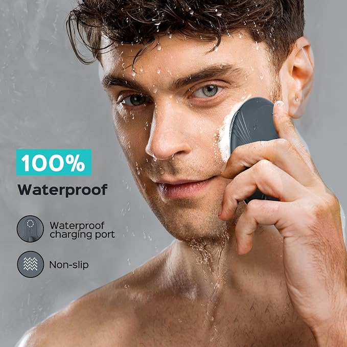 COSLUS FBS01 Facial Cleansing Brush Face Scrubber, Compact for Travel | Rechargeable, Gentle Silicone, 5 Cleansing Modes, Deep Cleaning for Men & Women, Removing Blackhead Exfoliating, Grey