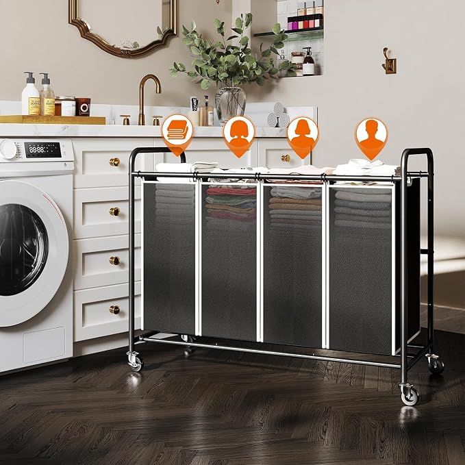 ROMOON Laundry Hamper Sorter Cart, 4-Section Organizer with Lockable Wheels | Heavy-Duty 180L Rolling Laundry Basket with Removable Bags for Dirty Clothes in Laundry Room or Small Spaces, Black