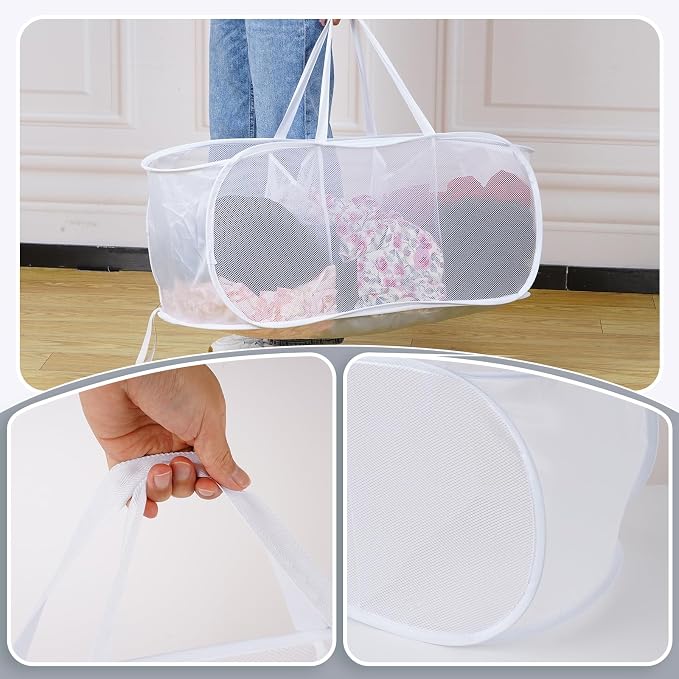 2 Pack Mesh Foldable Laundry Basket Up Laundry Hamper (White) | 3 Compartments Up Mesh Hamper with Handles, Mesh Laundry Hamper for Laundry Room, Bathroom, Room, College Dorm or Travel