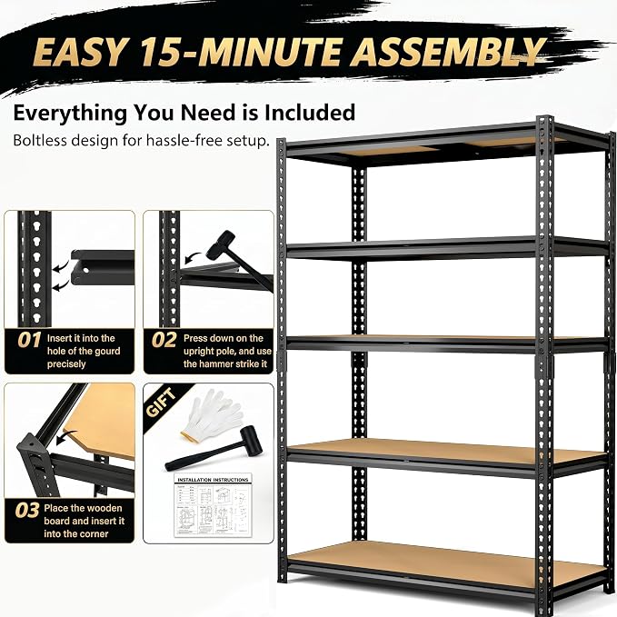 Storage Shelves Unit,40" W 5-Tier Garage Shelving Heavy Duty Metal Adjustable Garage Shelves,Stable Shelves Organizer for Pantry, Kitchen and Basement,40" W x 20" D x 72" H,Black