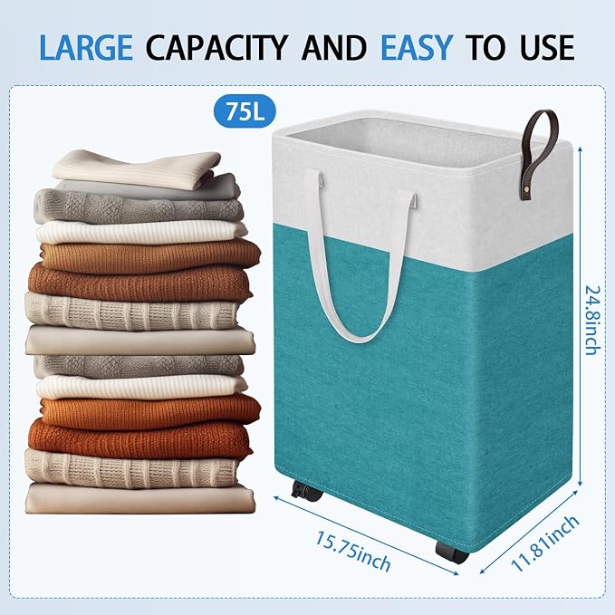 HomeHacks 75L Rolling Laundry Basket with 4 Wheels Collapsible Green | 4 Wheels, Waterproof PEVA Lining, Cotton Flax Fabric, Metal Frame, Bathroom Laundry Room Dorm Storage, Space-Saving Design