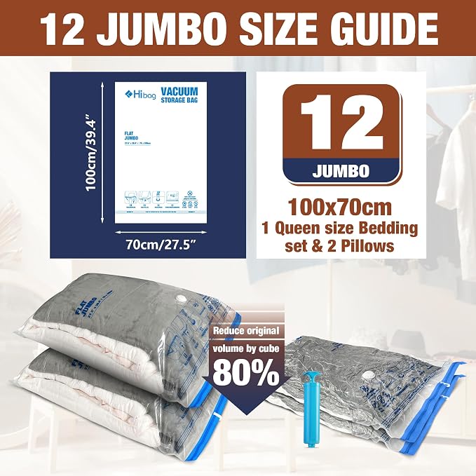 12 Jumbo Vacuum Storage Bags for Bedding, Vacuum Seal Bags for Clothing | Extra Large XL, Airtight Triple Seal, Save 80% Space, Hand Pump, Work with Vacuum, Double Zip, Reusable, Easy to Use
