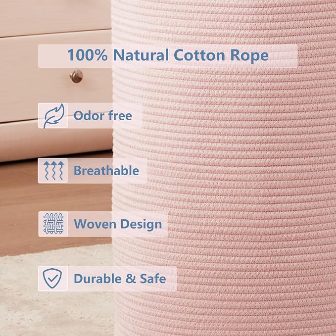 Pink Hamper Laundry Basket for Girls Kids Baby Nursery 60L Large | 15x20 Inches Woven Rope Hamper, Tall Nursery Storage Bin, Kawaii Bedroom Laundry Hamper