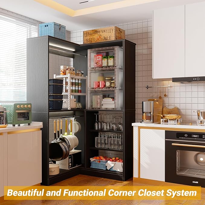 Unikito Corner Closet System, 36” Large Freestanding Closet Organizer Tower with 2 Hanging Rods and Storage Shelves, Sturdy Walk in Closet Kits for Bedroom and Entryway, 36" W x 36" D x 80" H, Black