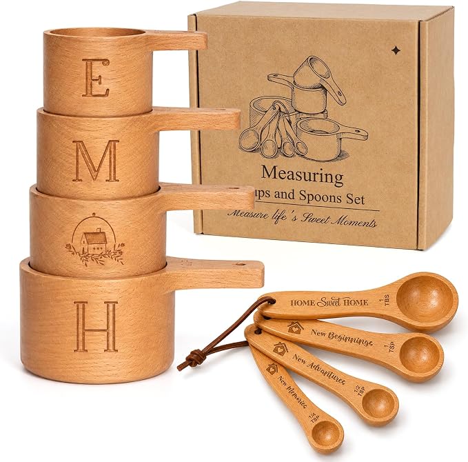 House Warming Gift New Home, Wooden Measuring Cups and Spoons Set, Housewarming Basket for Homeowners Couple Women, Closing Gifts for Home Buyers, First Apartment Kitchen Gadgets for Cooking & Baking