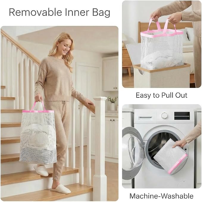 efluky Slim Laundry Basket with Lid, Narrow Laundry Hamper with Removable Bag, Skinny Dirty Clothes Basket with Bamboo Handles for Bathroom, Bedroom & Laundry Room, 75L Pink