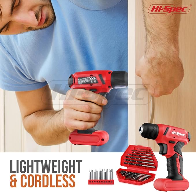 Hi-Spec 8V USB Cordless Drill Driver Home Tool Kit for Home DIY, Red | 58pc, faster holes and screwdriving, bit accessories, portable carry storage, light-duty project control, home setup help