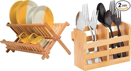 Bambüsi Bamboo Dish Drying Rack and Utensil Holder Set Bundle