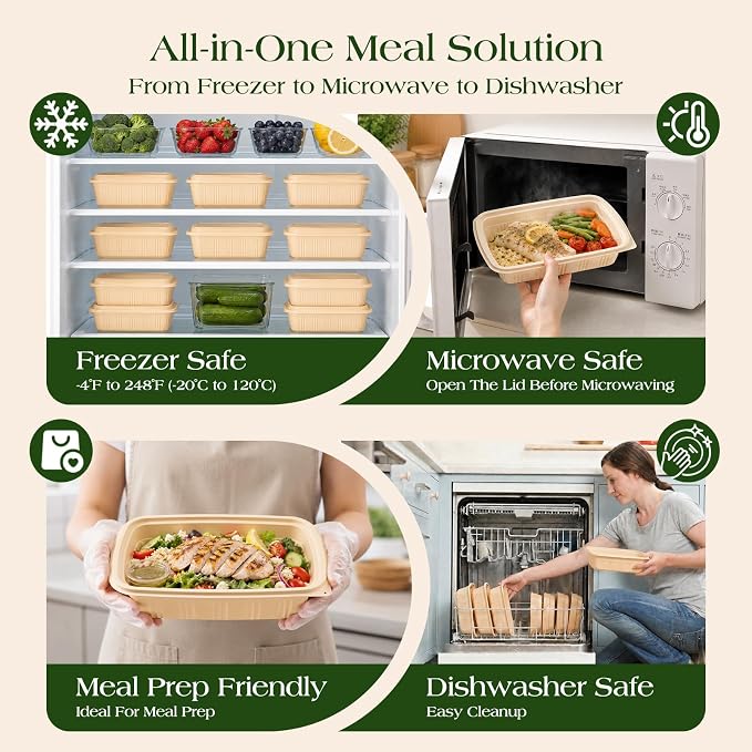 100 Piece (50 Pack) Meal Prep Containers with Lids,32 oz Resuable Cornstarch Material Salad Containers, Plant-based Lunch Boxes, Plastic Take Out Bowls BPA Free, Microwave Freezer Safe, Stackable