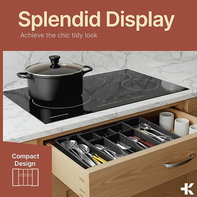 Gray Expandable Utensil Drawer Organizer 2 Pack, Adjustable 13” to 22.4”, 5 Compartment Silverware Organizer for Kitchen Utensils, Spatulas, Cutlery, and Tools, Easy to Clean, Durable, and BPA-Free